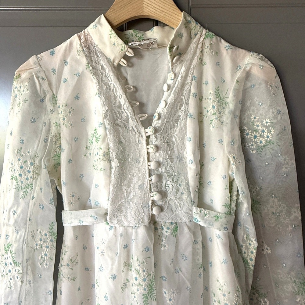 Pussycat Carla Jane Vintage 70s Victorian Prairie Floral Lace Maxi Dress,Cream,S - Picture 9 of 12